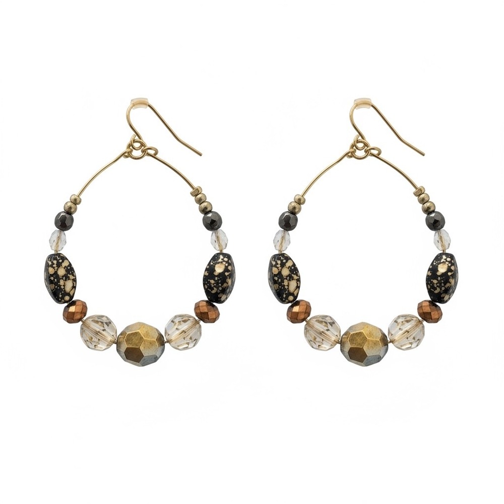 Unbranded Beaded Hoop Earrings Womens OS Gold Black Bronze GUC Boho Teardrop